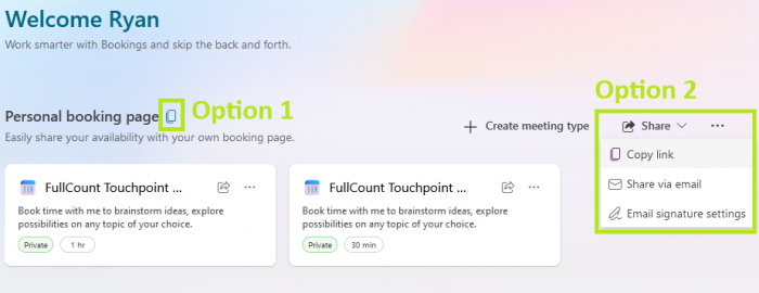 options for sharing your booking page